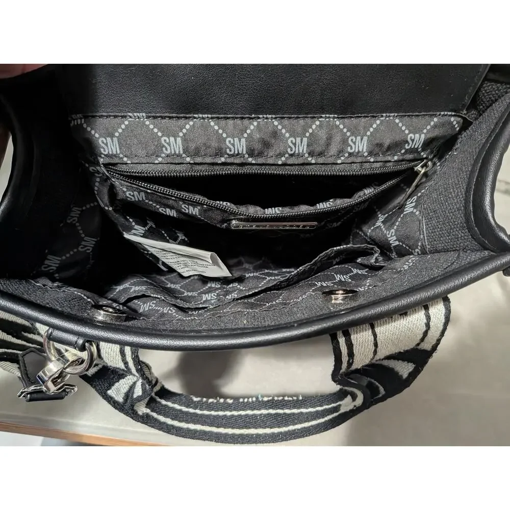 Steve Madden Bwebber Black Canvas Crossbody Satchel Bag Logo Strap Coin Pouch
